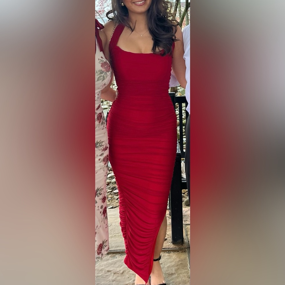 Chic Red Ruched Maxi Dress